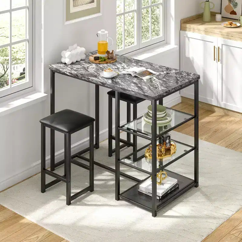 VECELO Set tavolo da pranzo da cucina per 2 persone, 3 pezzi tavolo e sedie da bar altezza bancone con sedie in pelle PU e ripiani portaoggetti, Marmo Nero/Rovere/Marrone