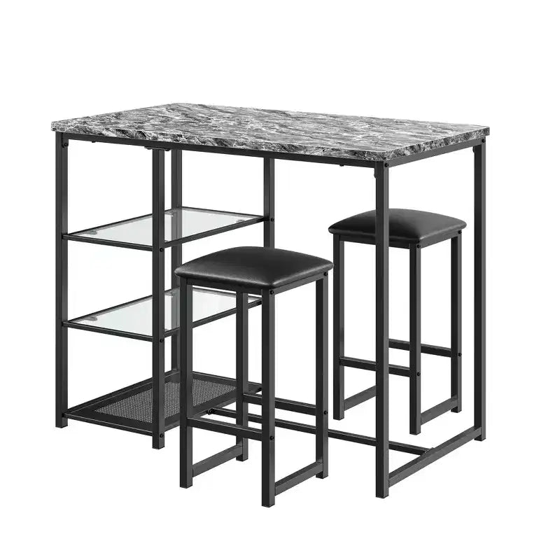 VECELO Set tavolo da pranzo da cucina per 2 persone, 3 pezzi tavolo e sedie da bar altezza bancone con sedie in pelle PU e ripiani portaoggetti, Marmo Nero/Rovere/Marrone