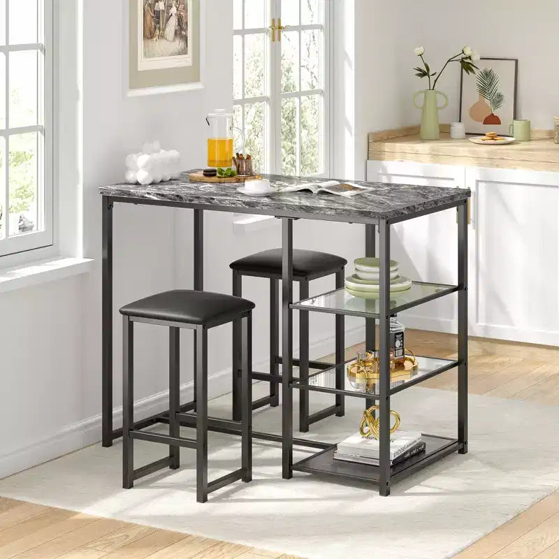 VECELO Set tavolo da pranzo da cucina per 2 persone, 3 pezzi tavolo e sedie da bar altezza bancone con sedie in pelle PU e ripiani portaoggetti, Marmo Nero/Rovere/Marrone