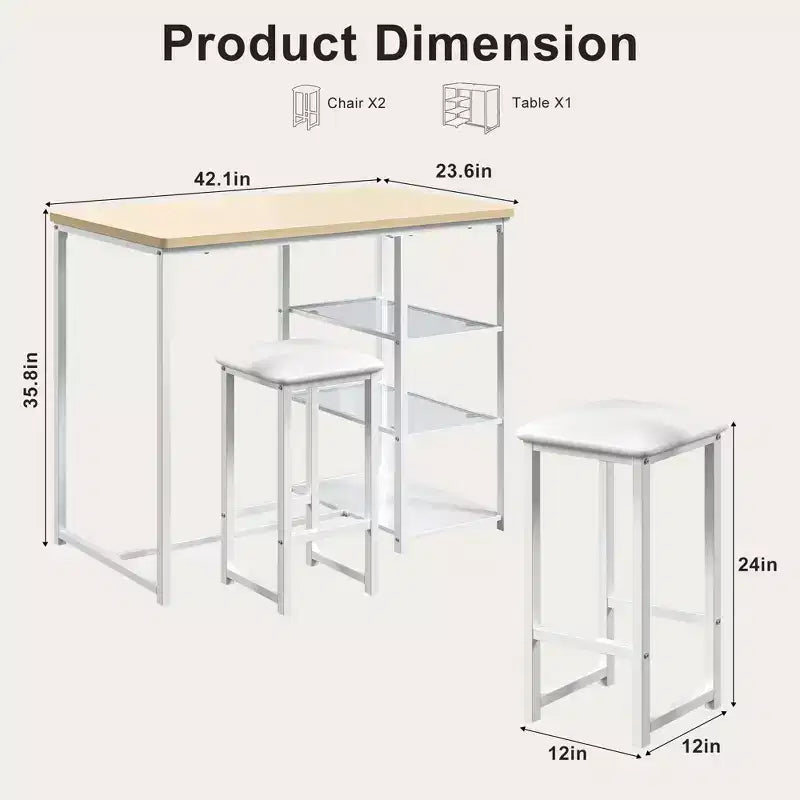 VECELO Set tavolo da pranzo da cucina per 2 persone, 3 pezzi tavolo e sedie da bar altezza bancone con sedie in pelle PU e ripiani portaoggetti, Marmo Nero/Rovere/Marrone