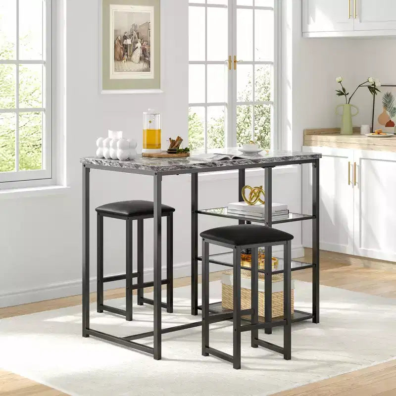 VECELO Set tavolo da pranzo da cucina per 2 persone, 3 pezzi tavolo e sedie da bar altezza bancone con sedie in pelle PU e ripiani portaoggetti, Marmo Nero/Rovere/Marrone