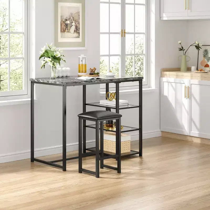 VECELO Set tavolo da pranzo da cucina per 2 persone, 3 pezzi tavolo e sedie da bar altezza bancone con sedie in pelle PU e ripiani portaoggetti, Marmo Nero/Rovere/Marrone