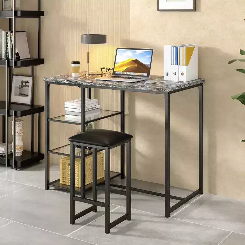 VECELO Set tavolo da pranzo da cucina per 2 persone, 3 pezzi tavolo e sedie da bar altezza bancone con sedie in pelle PU e ripiani portaoggetti, Marmo Nero/Rovere/Marrone