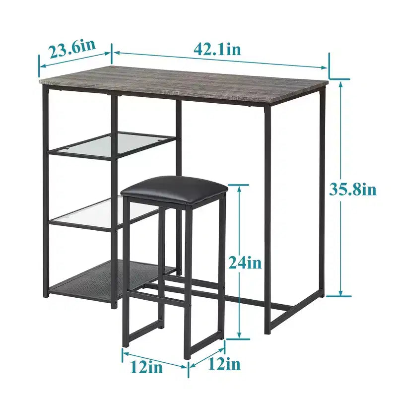 VECELO Set tavolo da pranzo da cucina per 2 persone, 3 pezzi tavolo e sedie da bar altezza bancone con sedie in pelle PU e ripiani portaoggetti, Marmo Nero/Rovere/Marrone