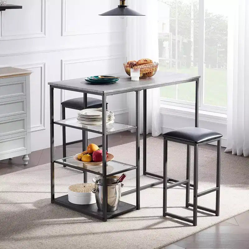 VECELO Set tavolo da pranzo da cucina per 2 persone, 3 pezzi tavolo e sedie da bar altezza bancone con sedie in pelle PU e ripiani portaoggetti, Marmo Nero/Rovere/Marrone