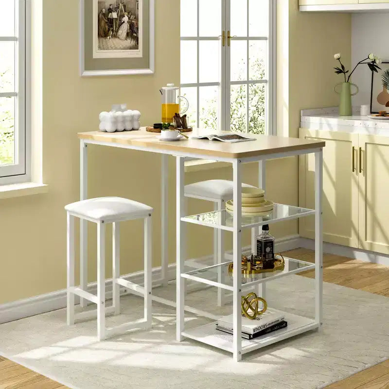 VECELO Set tavolo da pranzo da cucina per 2 persone, 3 pezzi tavolo e sedie da bar altezza bancone con sedie in pelle PU e ripiani portaoggetti, Marmo Nero/Rovere/Marrone