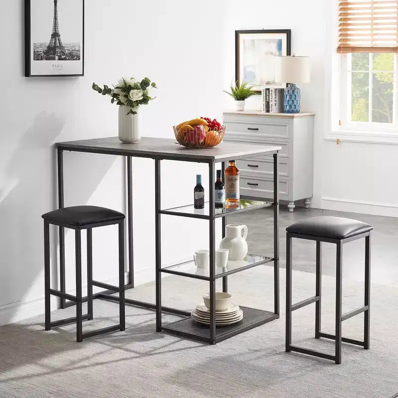 VECELO Set tavolo da pranzo da cucina per 2 persone, 3 pezzi tavolo e sedie da bar altezza bancone con sedie in pelle PU e ripiani portaoggetti, Marmo Nero/Rovere/Marrone