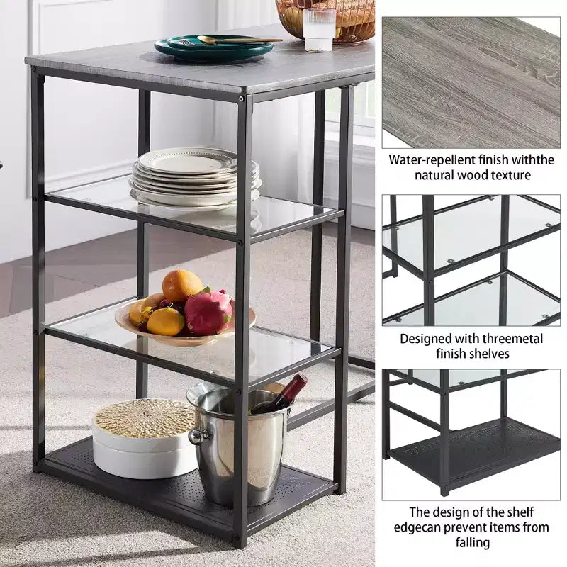 VECELO Set tavolo da pranzo da cucina per 2 persone, 3 pezzi tavolo e sedie da bar altezza bancone con sedie in pelle PU e ripiani portaoggetti, Marmo Nero/Rovere/Marrone