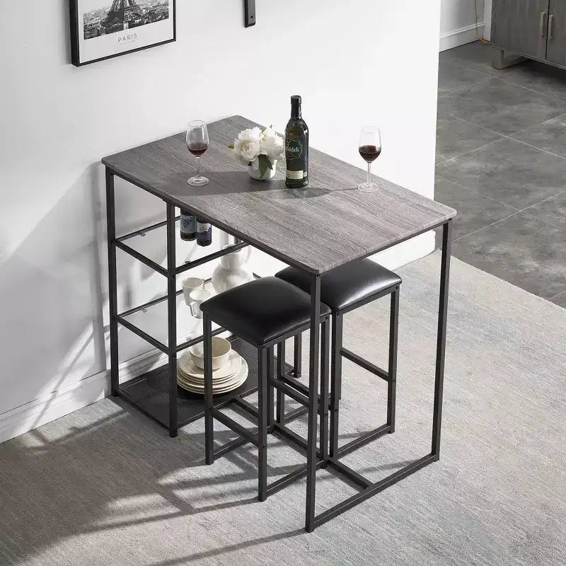 VECELO Set tavolo da pranzo da cucina per 2 persone, 3 pezzi tavolo e sedie da bar altezza bancone con sedie in pelle PU e ripiani portaoggetti, Marmo Nero/Rovere/Marrone