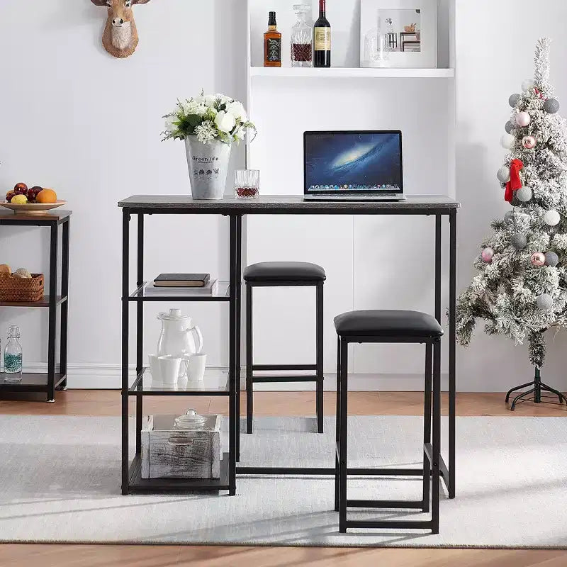 VECELO Set tavolo da pranzo da cucina per 2 persone, 3 pezzi tavolo e sedie da bar altezza bancone con sedie in pelle PU e ripiani portaoggetti, Marmo Nero/Rovere/Marrone