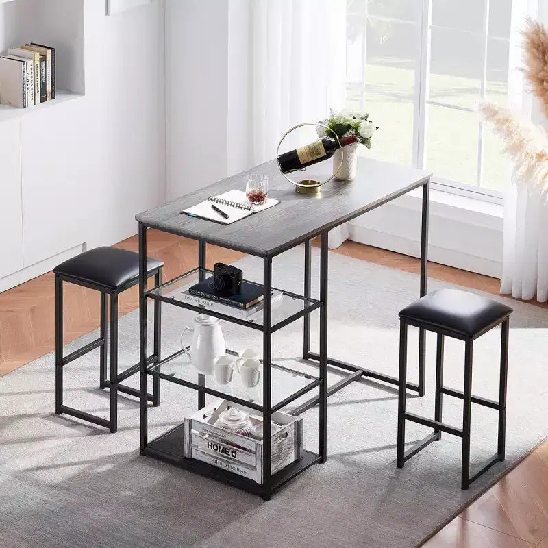 VECELO Set tavolo da pranzo da cucina per 2 persone, 3 pezzi tavolo e sedie da bar altezza bancone con sedie in pelle PU e ripiani portaoggetti, Marmo Nero/Rovere/Marrone