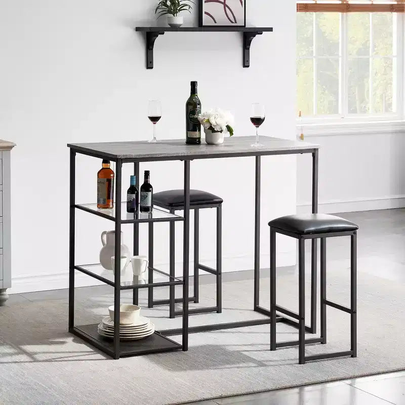 VECELO Set tavolo da pranzo da cucina per 2 persone, 3 pezzi tavolo e sedie da bar altezza bancone con sedie in pelle PU e ripiani portaoggetti, Marmo Nero/Rovere/Marrone