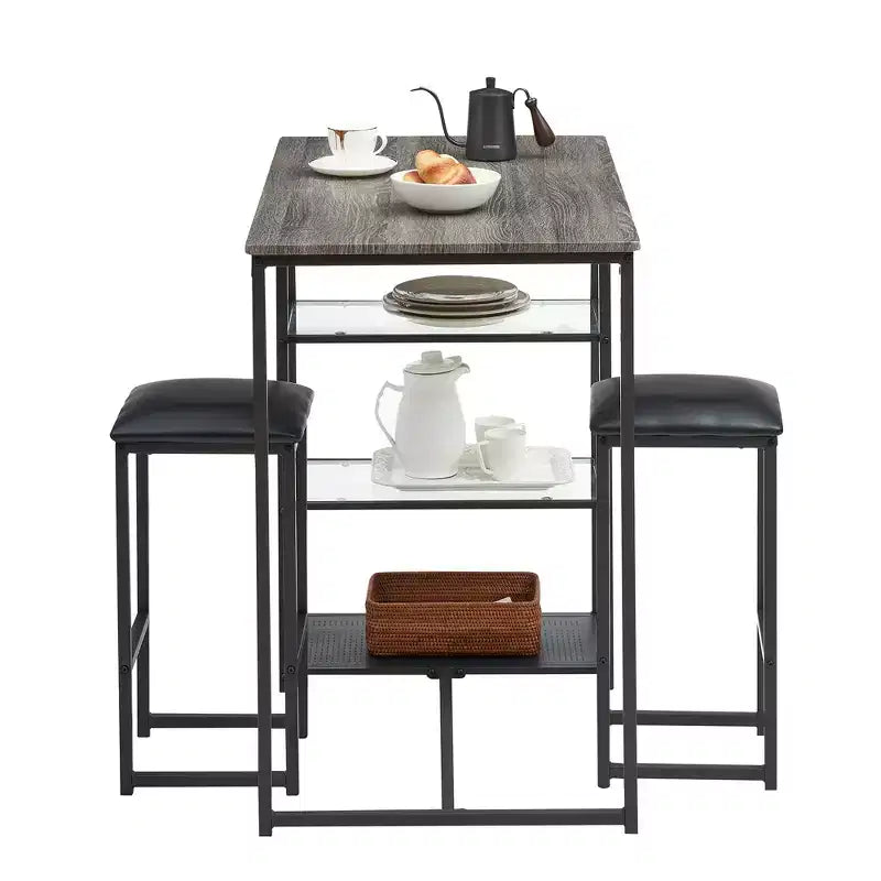 VECELO Set tavolo da pranzo da cucina per 2 persone, 3 pezzi tavolo e sedie da bar altezza bancone con sedie in pelle PU e ripiani portaoggetti, Marmo Nero/Rovere/Marrone