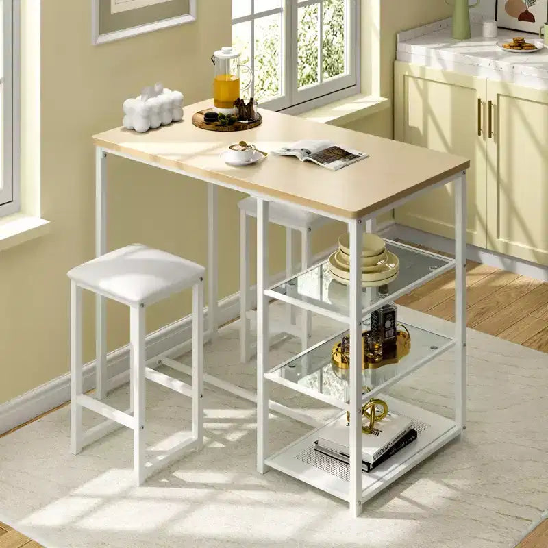 VECELO Set tavolo da pranzo da cucina per 2 persone, 3 pezzi tavolo e sedie da bar altezza bancone con sedie in pelle PU e ripiani portaoggetti, Marmo Nero/Rovere/Marrone