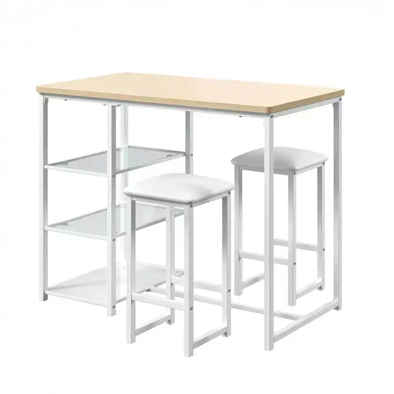 VECELO Set tavolo da pranzo da cucina per 2 persone, 3 pezzi tavolo e sedie da bar altezza bancone con sedie in pelle PU e ripiani portaoggetti, Marmo Nero/Rovere/Marrone