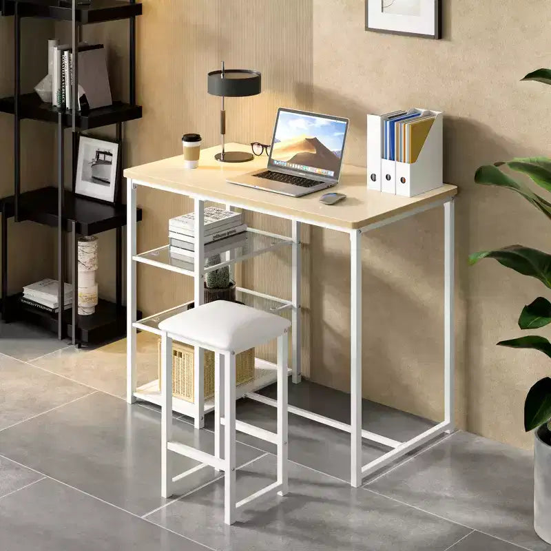 VECELO Set tavolo da pranzo da cucina per 2 persone, 3 pezzi tavolo e sedie da bar altezza bancone con sedie in pelle PU e ripiani portaoggetti, Marmo Nero/Rovere/Marrone