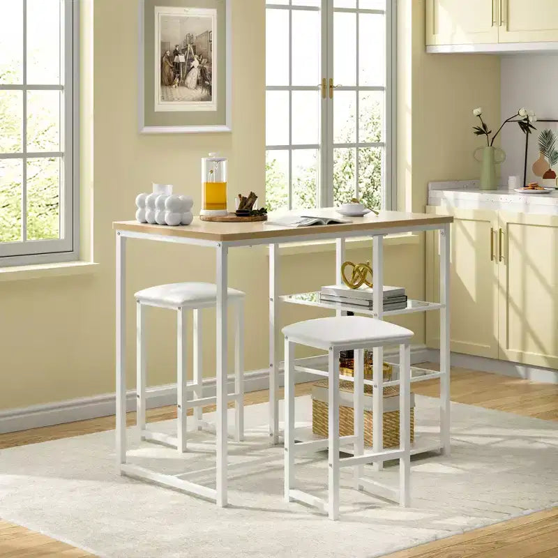 VECELO Set tavolo da pranzo da cucina per 2 persone, 3 pezzi tavolo e sedie da bar altezza bancone con sedie in pelle PU e ripiani portaoggetti, Marmo Nero/Rovere/Marrone
