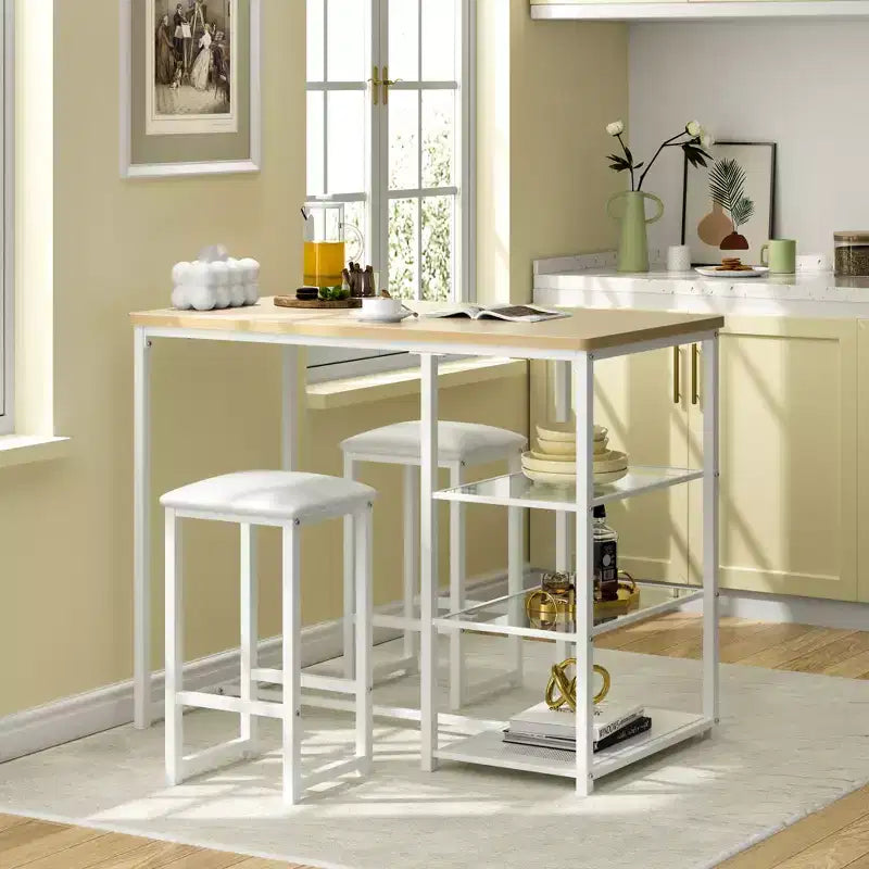 VECELO Set tavolo da pranzo da cucina per 2 persone, 3 pezzi tavolo e sedie da bar altezza bancone con sedie in pelle PU e ripiani portaoggetti, Marmo Nero/Rovere/Marrone