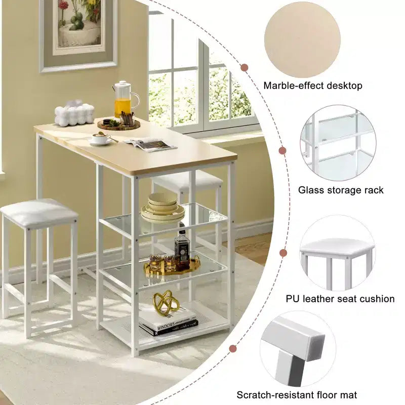 VECELO Set tavolo da pranzo da cucina per 2 persone, 3 pezzi tavolo e sedie da bar altezza bancone con sedie in pelle PU e ripiani portaoggetti, Marmo Nero/Rovere/Marrone