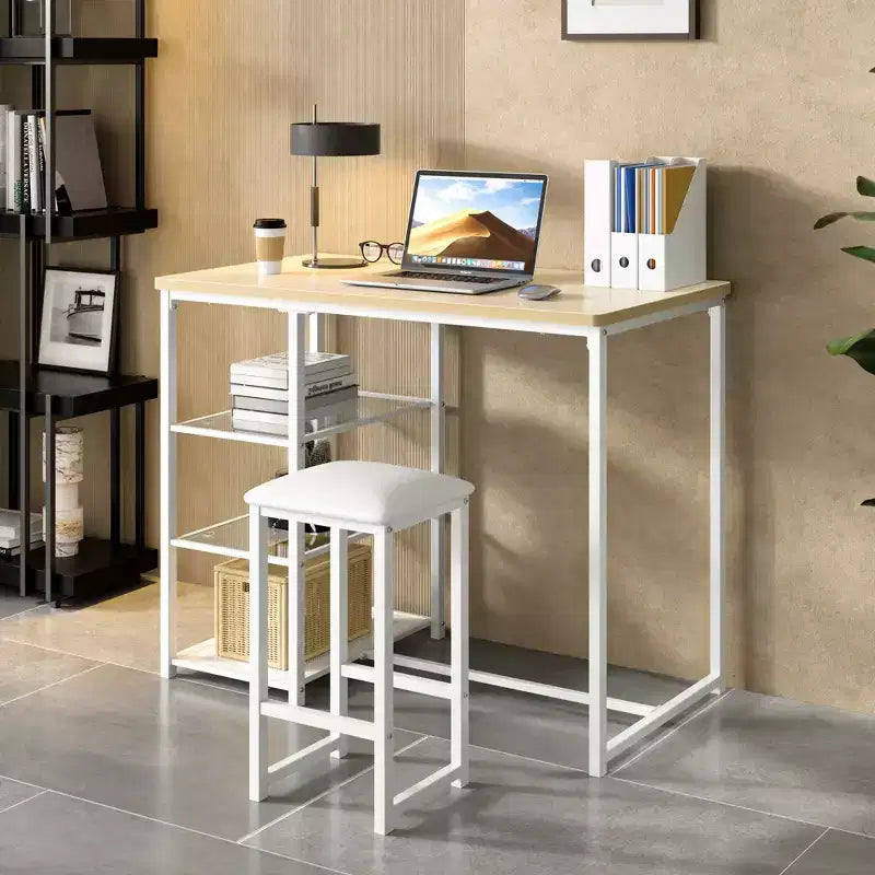 VECELO Set tavolo da pranzo da cucina per 2 persone, 3 pezzi tavolo e sedie da bar altezza bancone con sedie in pelle PU e ripiani portaoggetti, Marmo Nero/Rovere/Marrone
