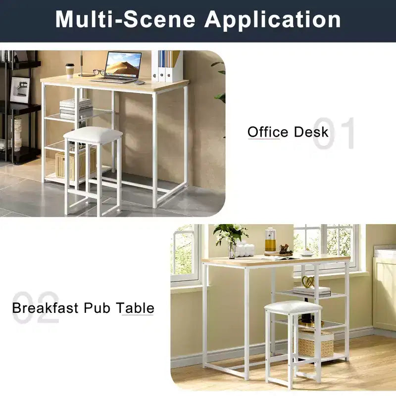 VECELO Set tavolo da pranzo da cucina per 2 persone, 3 pezzi tavolo e sedie da bar altezza bancone con sedie in pelle PU e ripiani portaoggetti, Marmo Nero/Rovere/Marrone