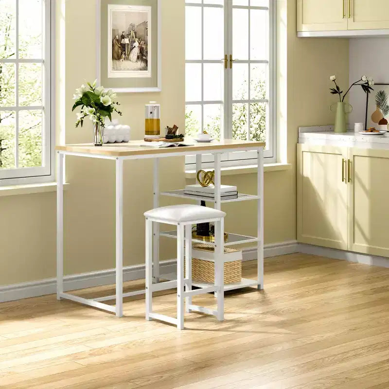 VECELO Set tavolo da pranzo da cucina per 2 persone, 3 pezzi tavolo e sedie da bar altezza bancone con sedie in pelle PU e ripiani portaoggetti, Marmo Nero/Rovere/Marrone