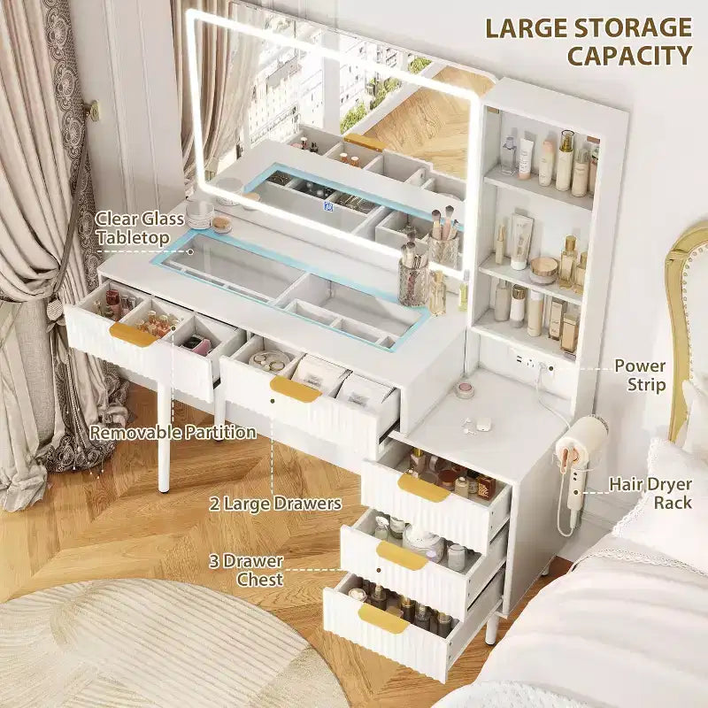Toeletta da trucco scanalata da 122 cm con specchio a 3 modalità di illuminazione, piano in vetro e presa di corrente - Moderna toeletta per camera da letto