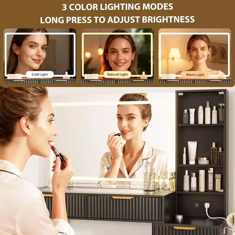Toeletta da trucco scanalata da 122 cm con specchio a 3 modalità di illuminazione, piano in vetro e presa di corrente - Moderna toeletta per camera da letto