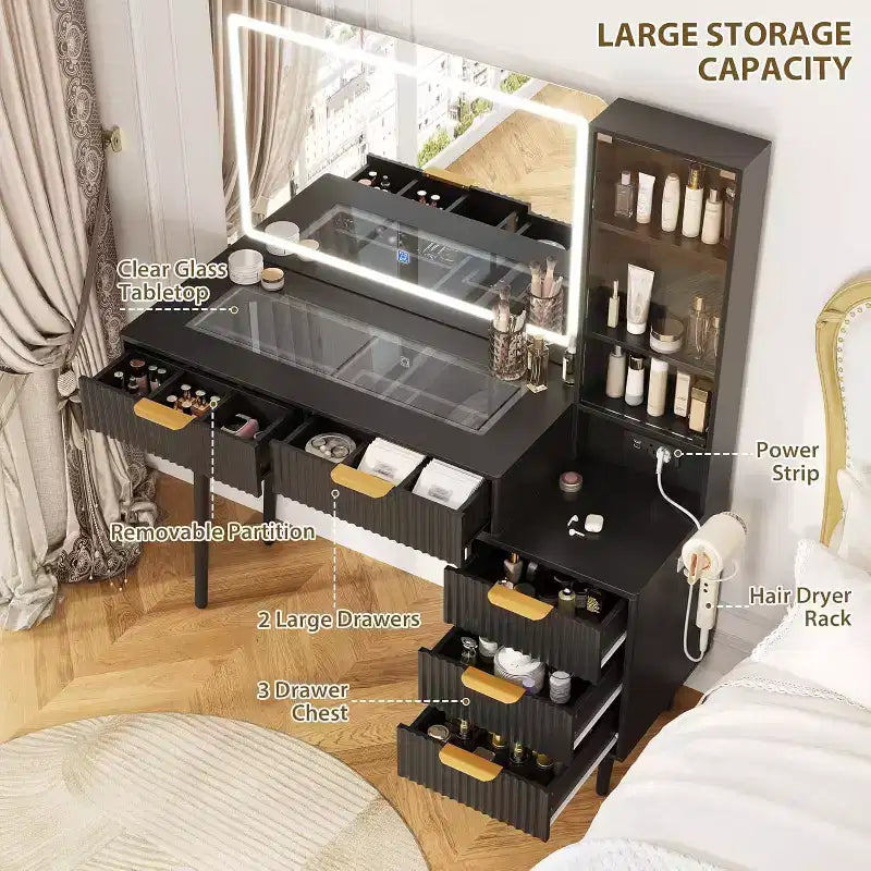 Toeletta da trucco scanalata da 122 cm con specchio a 3 modalità di illuminazione, piano in vetro e presa di corrente - Moderna toeletta per camera da letto