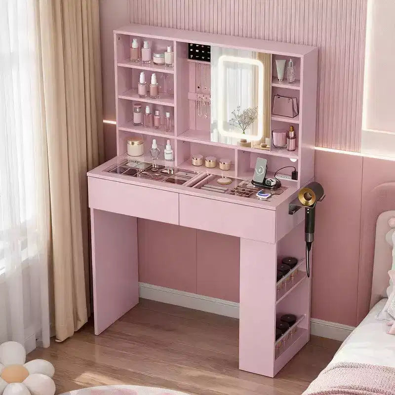Tavolino da trucco bianco a 2 cassetti e 3 scomparti, ripiano a 3 livelli (sinistra-destra), piano in vetro, pannello laterale con vani portaoggetti