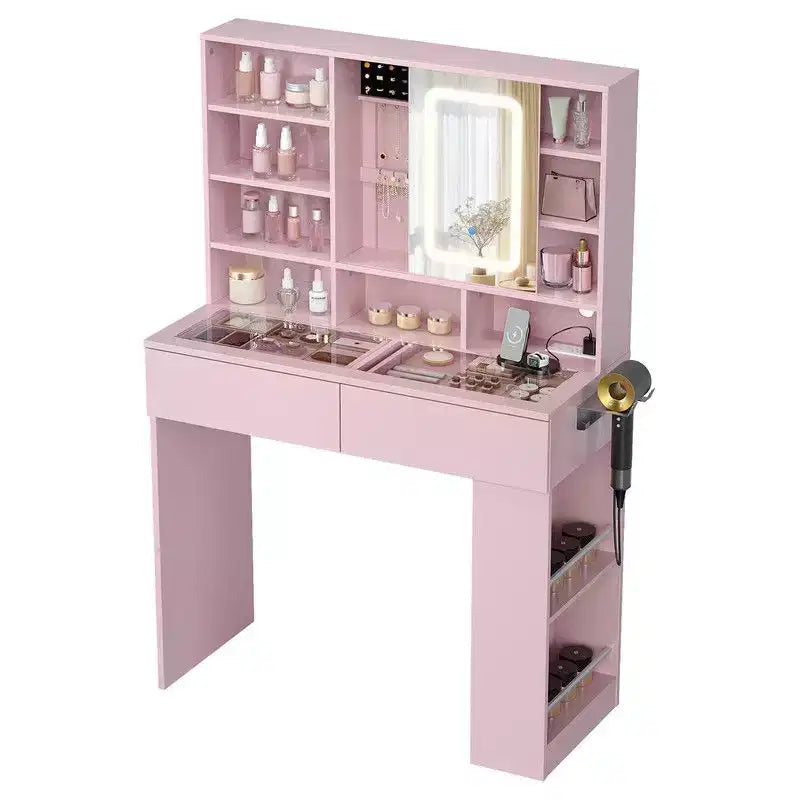 Tavolino da trucco bianco a 2 cassetti e 3 scomparti, ripiano a 3 livelli (sinistra-destra), piano in vetro, pannello laterale con vani portaoggetti