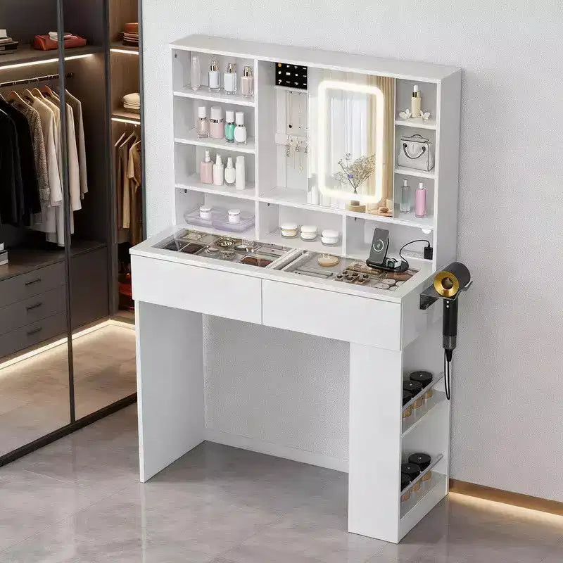 Tavolino da trucco bianco a 2 cassetti e 3 scomparti, ripiano a 3 livelli (sinistra-destra), piano in vetro, pannello laterale con vani portaoggetti