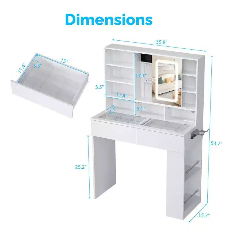 Tavolino da trucco bianco a 2 cassetti e 3 scomparti, ripiano a 3 livelli (sinistra-destra), piano in vetro, pannello laterale con vani portaoggetti