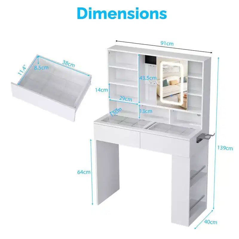 Tavolino da trucco bianco a 2 cassetti e 3 scomparti, ripiano a 3 livelli (sinistra-destra), piano in vetro, pannello laterale con vani portaoggetti