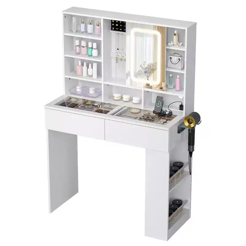 Tavolino da trucco bianco a 2 cassetti e 3 scomparti, ripiano a 3 livelli (sinistra-destra), piano in vetro, pannello laterale con vani portaoggetti