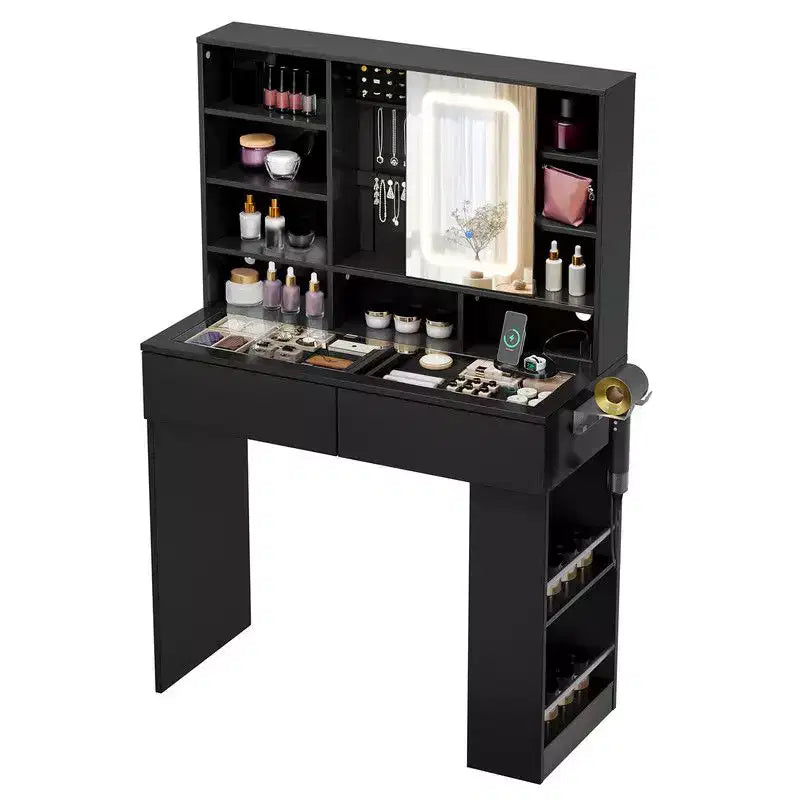 Tavolino da trucco bianco a 2 cassetti e 3 scomparti, ripiano a 3 livelli (sinistra-destra), piano in vetro, pannello laterale con vani portaoggetti