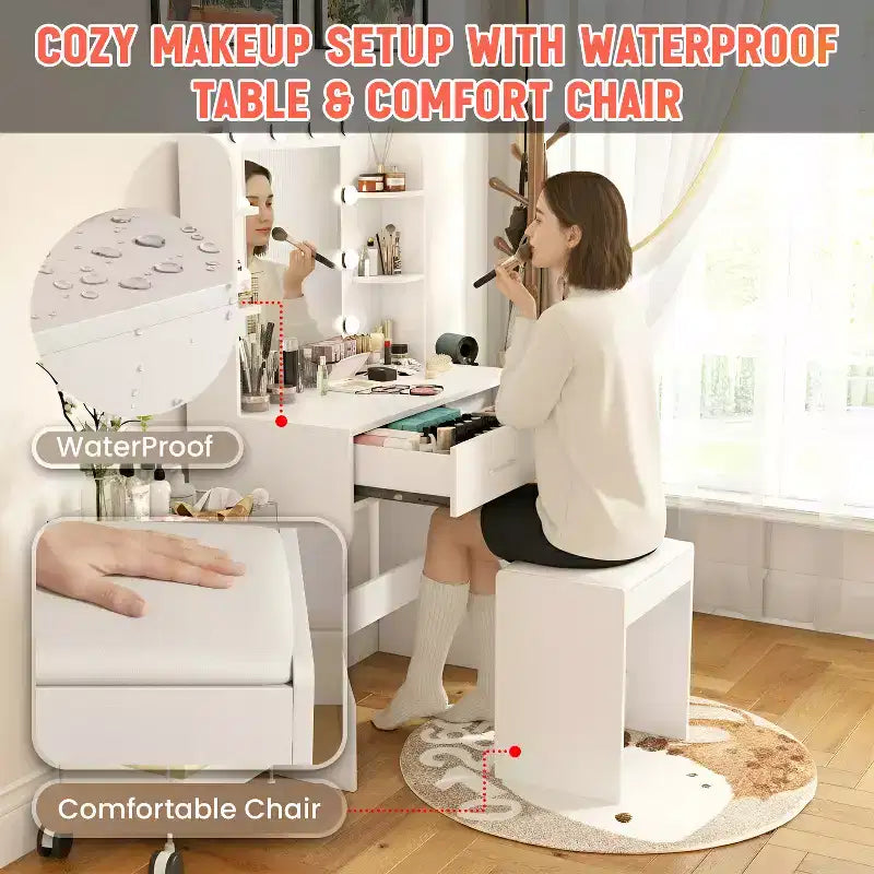 BestMassage Glamour Set Tavolo da Trucco Illuminato con 2 Cassetti e Sgabello
