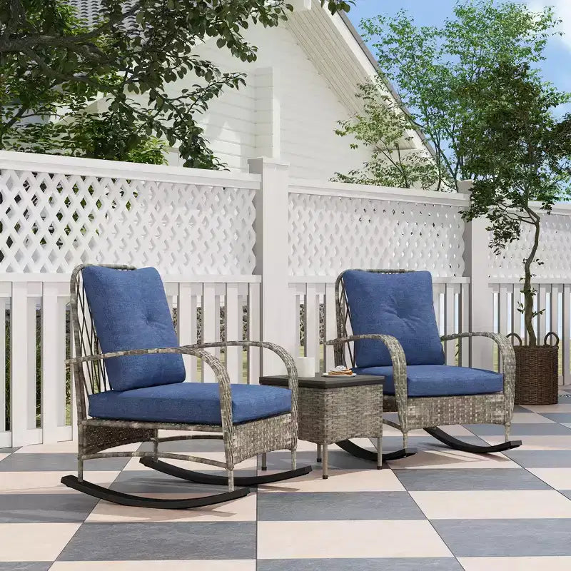 Set mobili da patio in vimini da 3 pezzi, sedie a dondolo da esterno in rattan PE con tavolino, cuscini per portico