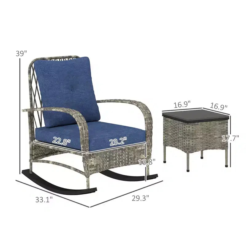 Set mobili da patio in vimini da 3 pezzi, sedie a dondolo da esterno in rattan PE con tavolino, cuscini per portico