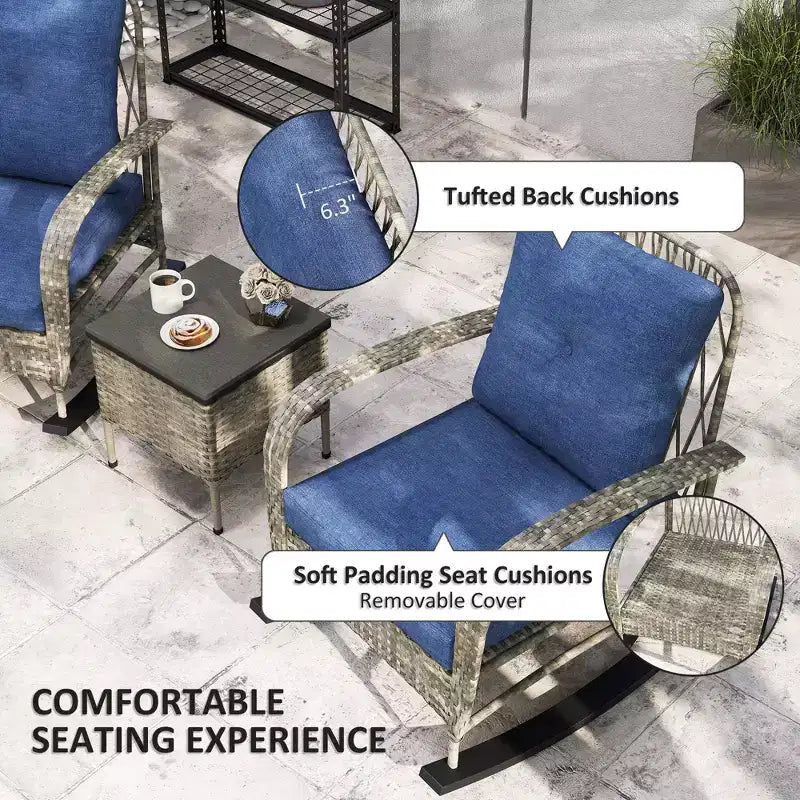 Set mobili da patio in vimini da 3 pezzi, sedie a dondolo da esterno in rattan PE con tavolino, cuscini per portico