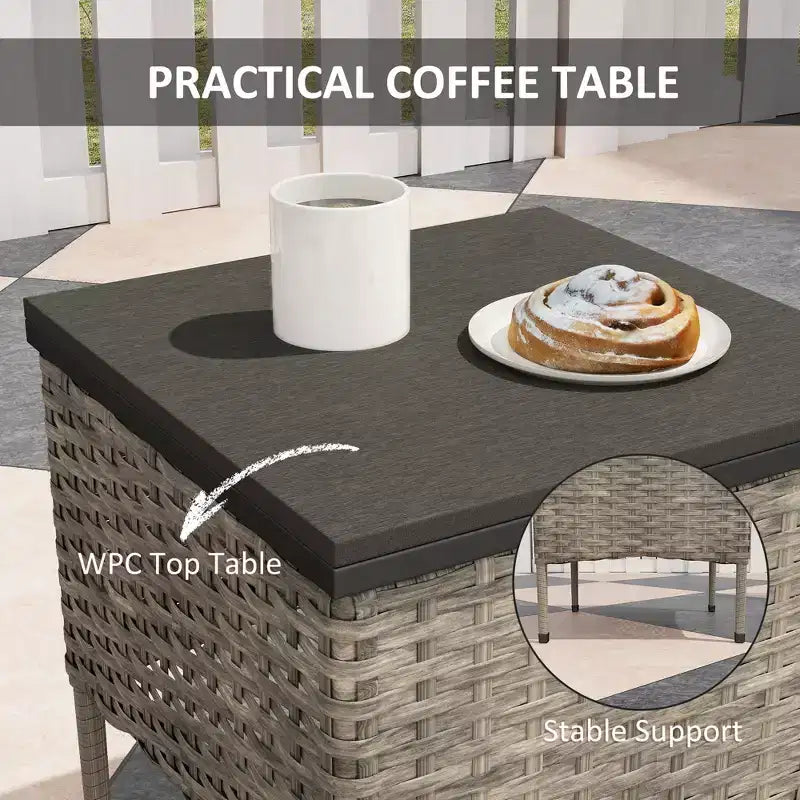 Set mobili da patio in vimini da 3 pezzi, sedie a dondolo da esterno in rattan PE con tavolino, cuscini per portico