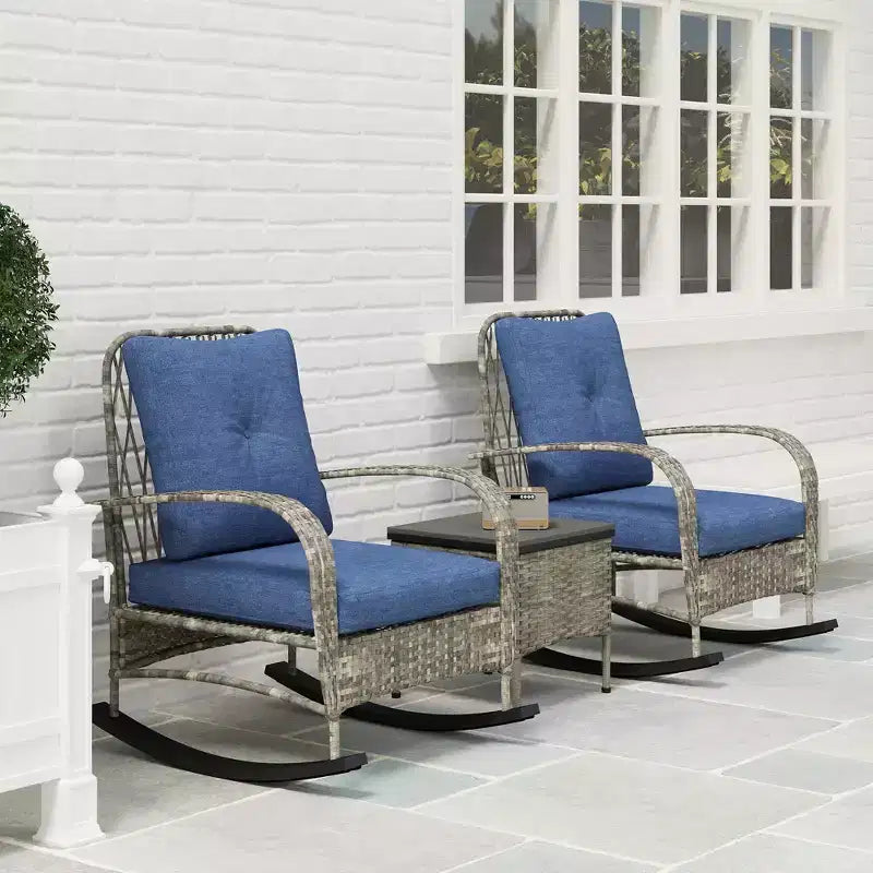 Set mobili da patio in vimini da 3 pezzi, sedie a dondolo da esterno in rattan PE con tavolino, cuscini per portico