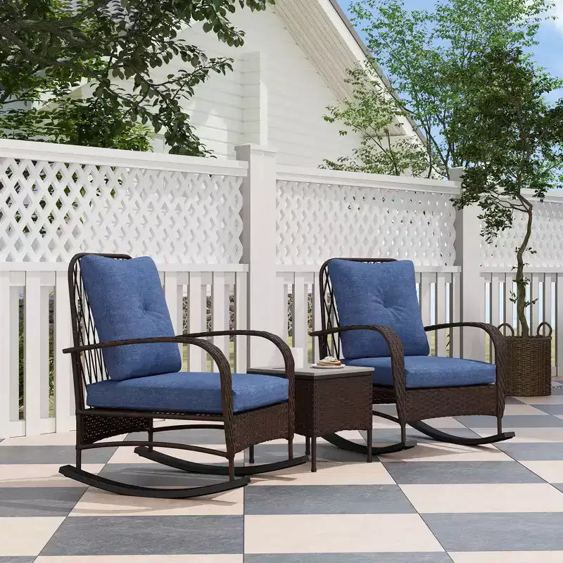 Set mobili da patio in vimini da 3 pezzi, sedie a dondolo da esterno in rattan PE con tavolino, cuscini per portico