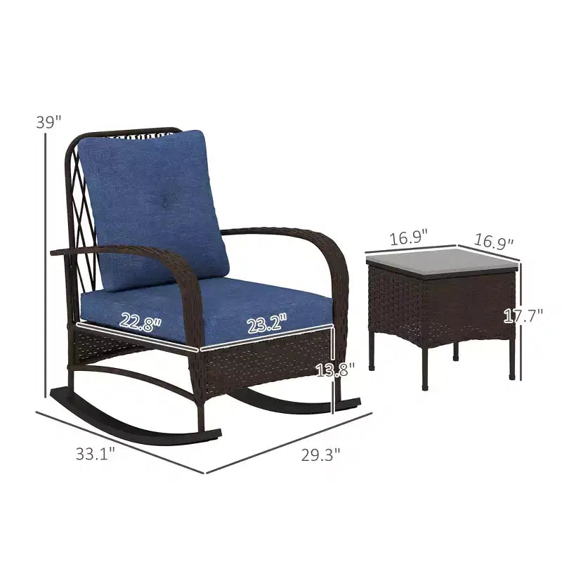 Set mobili da patio in vimini da 3 pezzi, sedie a dondolo da esterno in rattan PE con tavolino, cuscini per portico