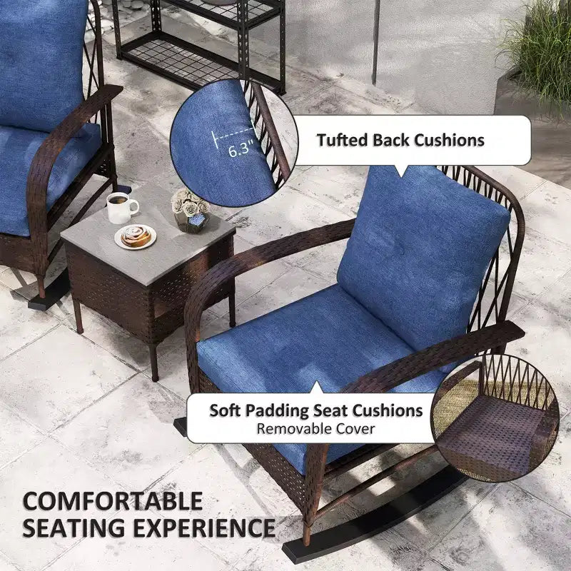 Set mobili da patio in vimini da 3 pezzi, sedie a dondolo da esterno in rattan PE con tavolino, cuscini per portico