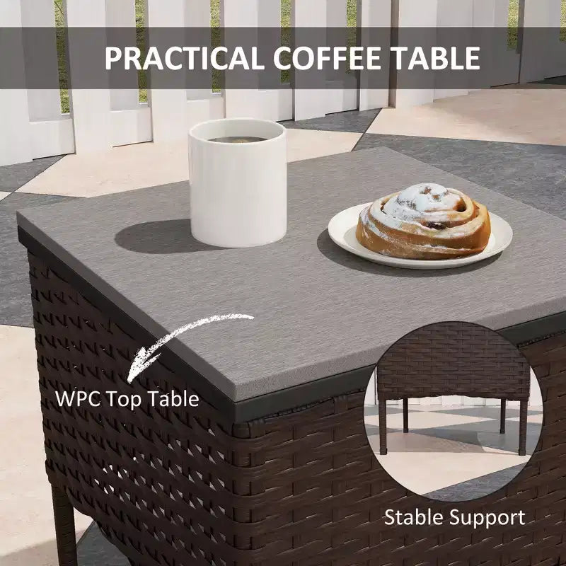 Set mobili da patio in vimini da 3 pezzi, sedie a dondolo da esterno in rattan PE con tavolino, cuscini per portico
