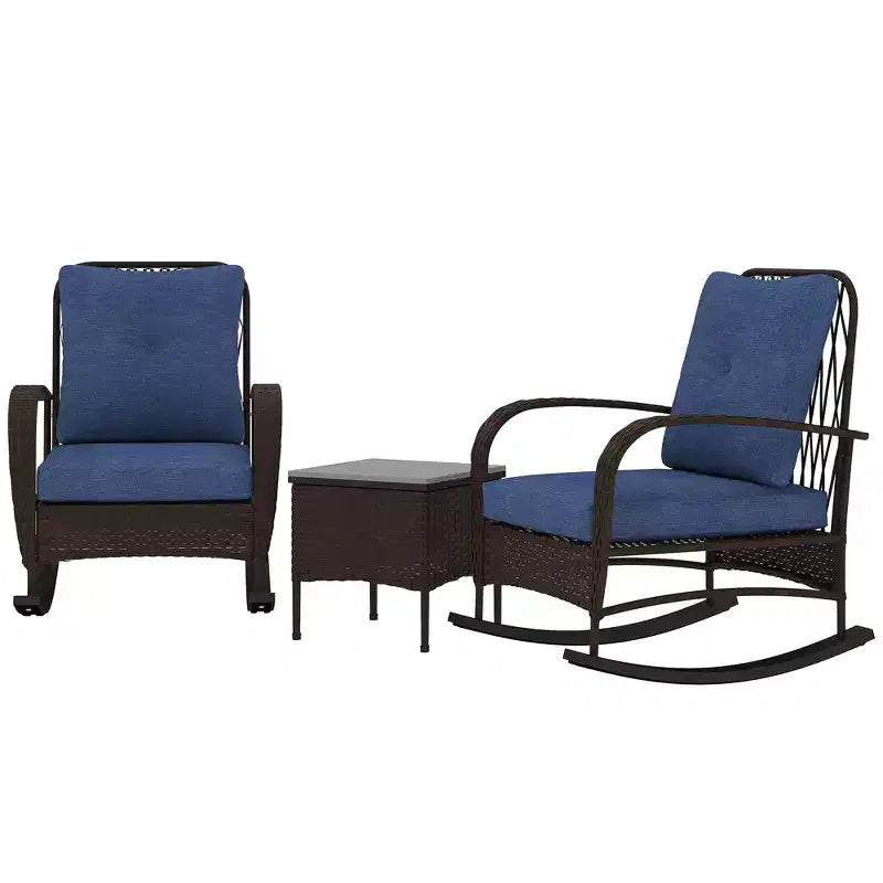 3 Piece Wicker Patio Furniture Set, Outdoor PE Rattan Rocking Chairs with Coffee Table, Cushions for Porch
