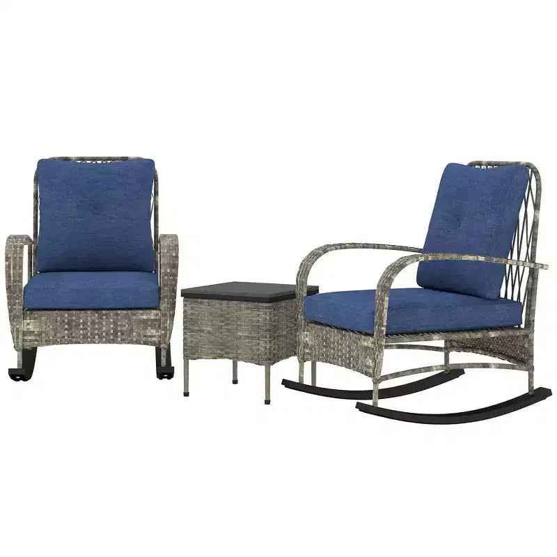 Set di mobili da patio in vimini da 3 pezzi, sedie a dondolo da esterno in rattan PE con tavolino e cuscini per la veranda