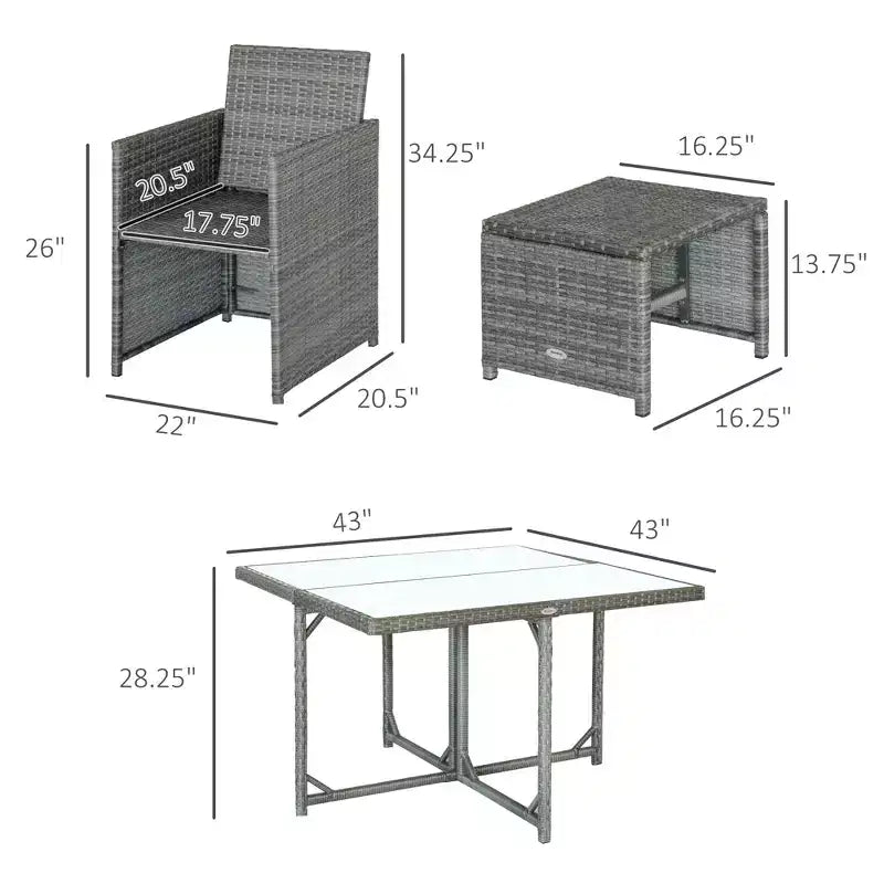 Set da Pranzo da Esterno per 8 Persone, 9 Pezzi, Salvaspazio, con Sedie in Wicker, Tavolo Quadrato in Vetro, Cuscini e Poggiapiedi