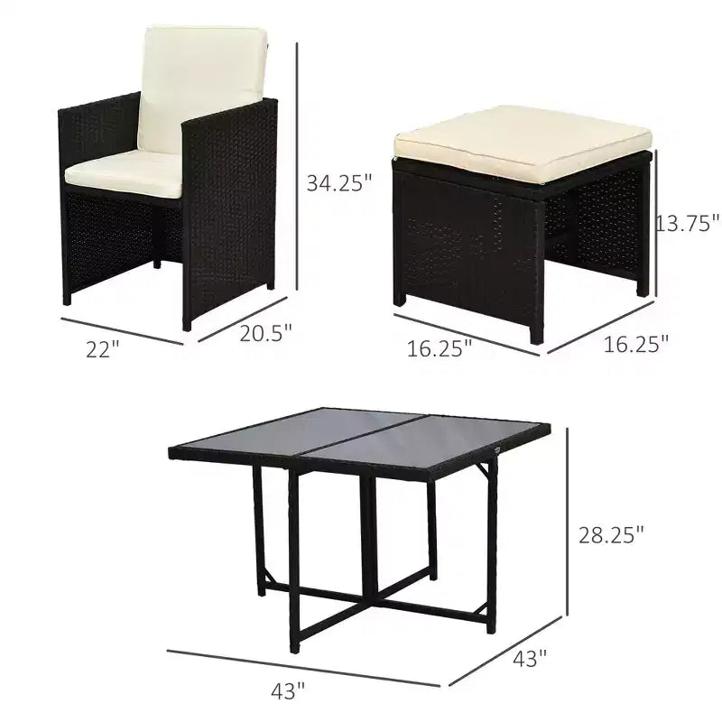 Set da Pranzo da Esterno per 8 Persone, 9 Pezzi, Salvaspazio, con Sedie in Wicker, Tavolo Quadrato in Vetro, Cuscini e Poggiapiedi